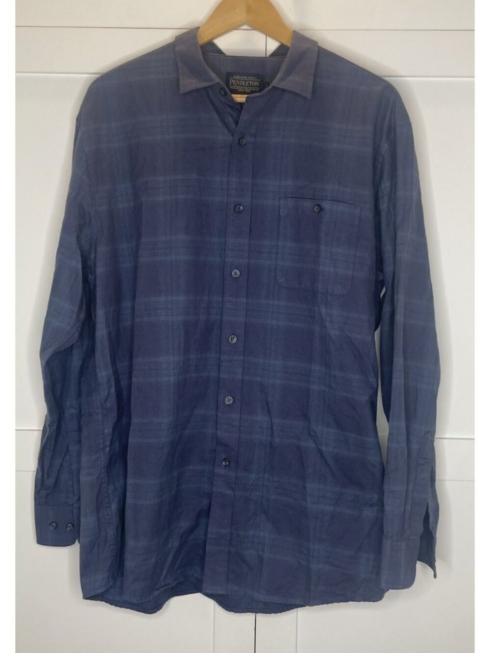 Pendleton Mason Flannel Shirt Blue Navy Plaid LARGE 100% Cotton Pre-Owned